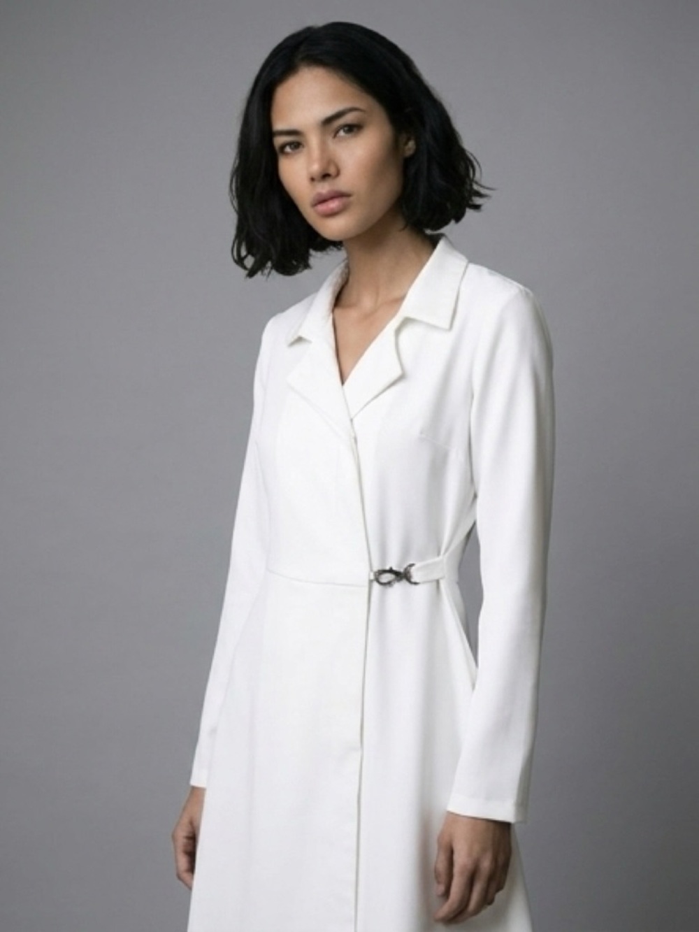 Veiled Limited White Blazer Dress Wrap Coat Dress Modest Minimalist Long Sleeve
